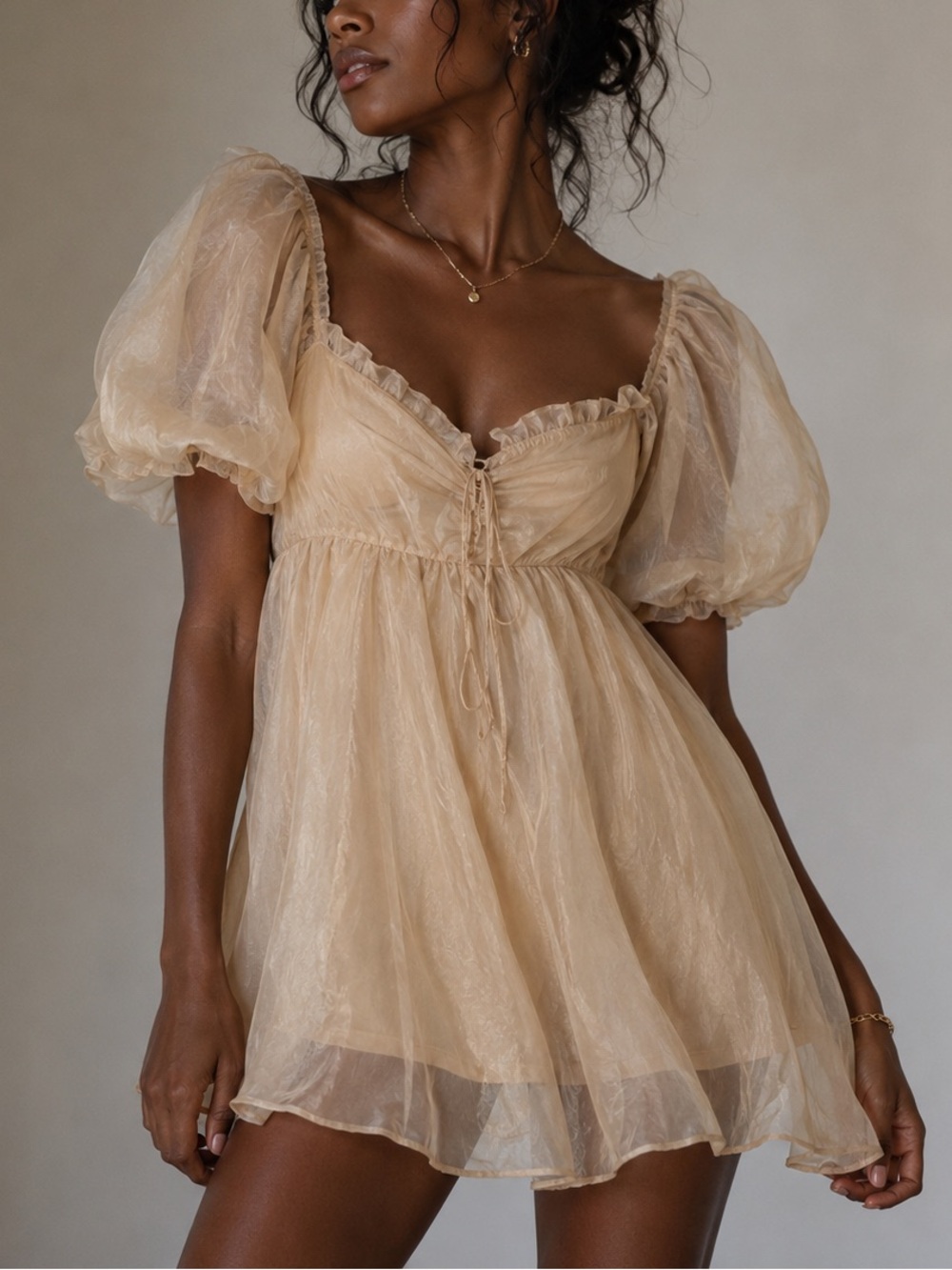 Anna Grace Sheer Puff‎ Sleeve Babydoll Mini Dress Small Coquette Fairy Romantic